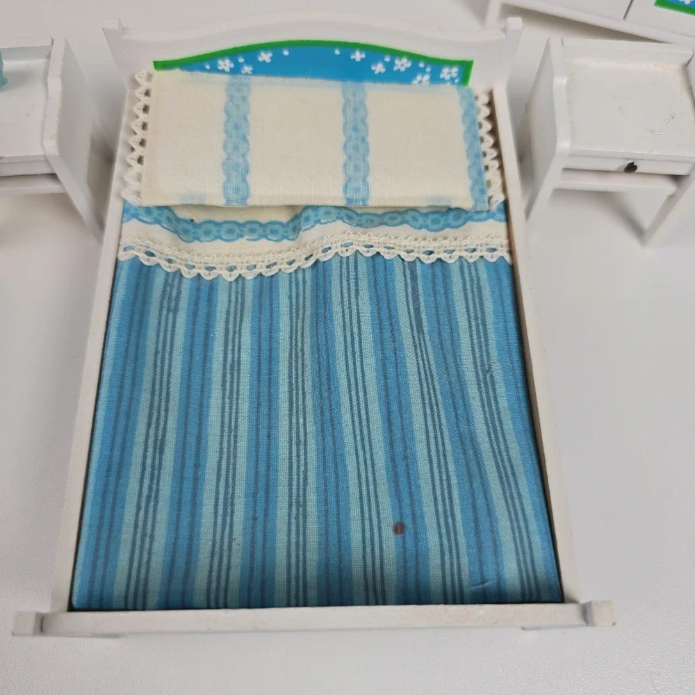 Vintage Lundby Dollhouse Furniture Blue Heaven Bedroom set With Bedding